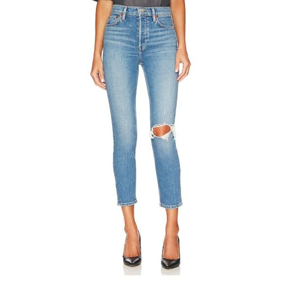 ReDone 90's High Rise Ankle Crop in Worn Brook Blue Light wash - Picture 1 of 10